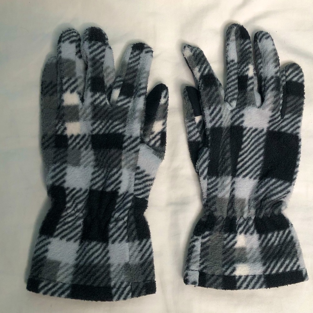 Petite winter gloves and headband matching plaid set with finger pads for phone